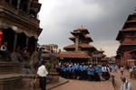 School children queue for an exhibition
